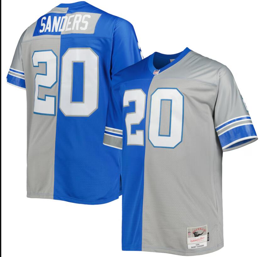 Men NFL Detroit Lions #20 Barry Sanders Mitchell  Ness Blue Silver Big Tall Split Legacy Retired Player jersey